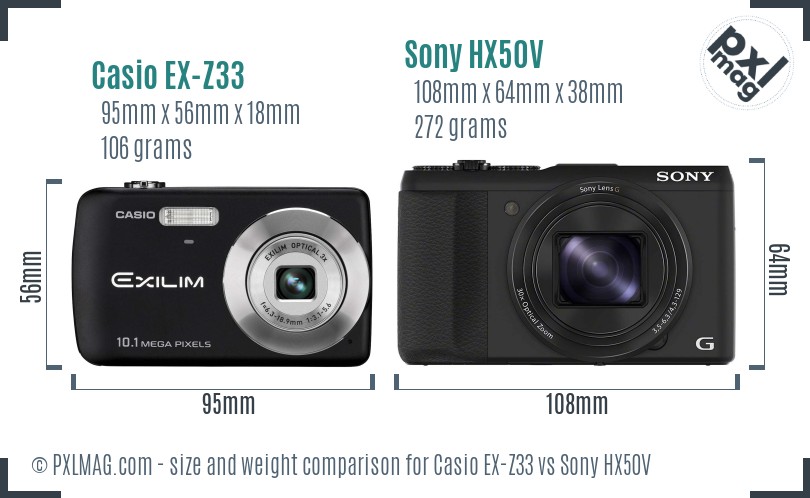 Casio EX-Z33 vs Sony HX50V size comparison
