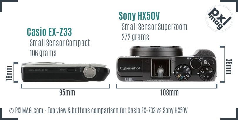 Casio EX-Z33 vs Sony HX50V top view buttons comparison