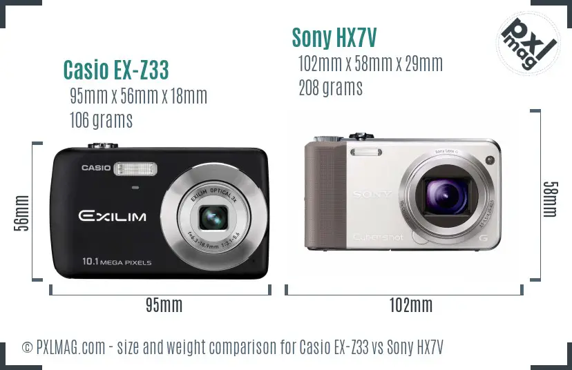 Casio EX-Z33 vs Sony HX7V size comparison