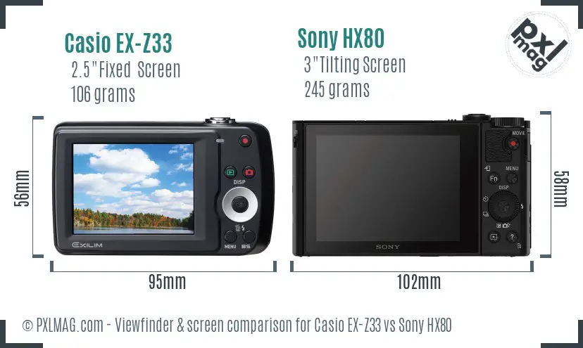Casio EX-Z33 vs Sony HX80 Screen and Viewfinder comparison