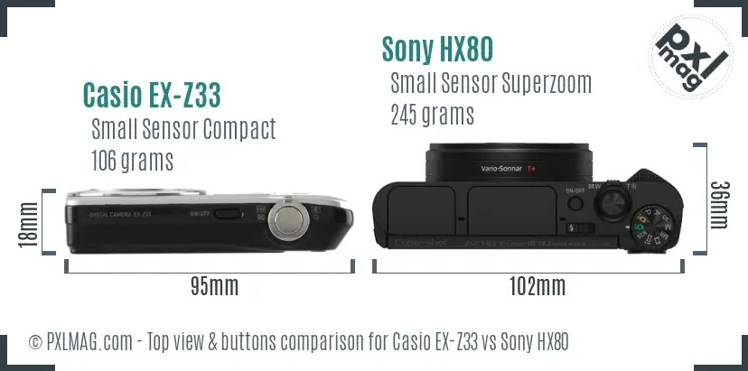 Casio EX-Z33 vs Sony HX80 top view buttons comparison