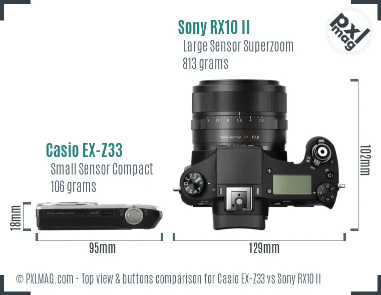 Casio EX-Z33 vs Sony RX10 II top view buttons comparison Casio EX-Z33 vs Sony RX10 II top view buttons comparison