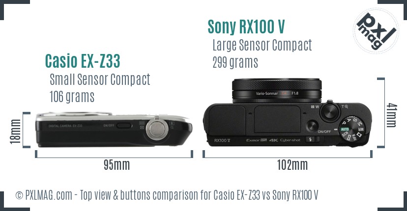 Casio EX-Z33 vs Sony RX100 V top view buttons comparison