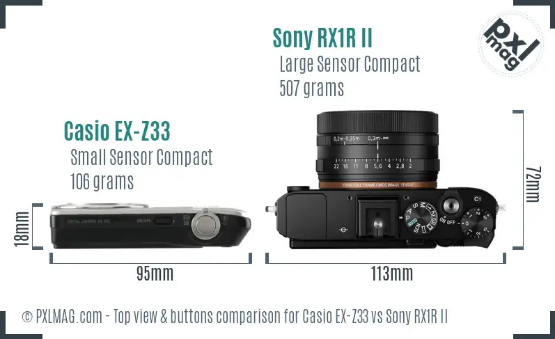 Casio EX-Z33 vs Sony RX1R II top view buttons comparison Casio EX-Z33 vs Sony RX1R II top view buttons comparison