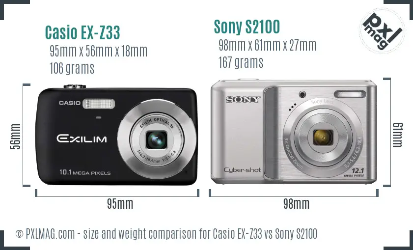 Casio EX-Z33 vs Sony S2100 size comparison