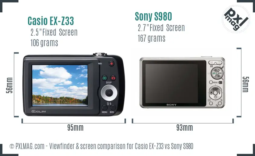 Casio EX-Z33 vs Sony S980 Screen and Viewfinder comparison