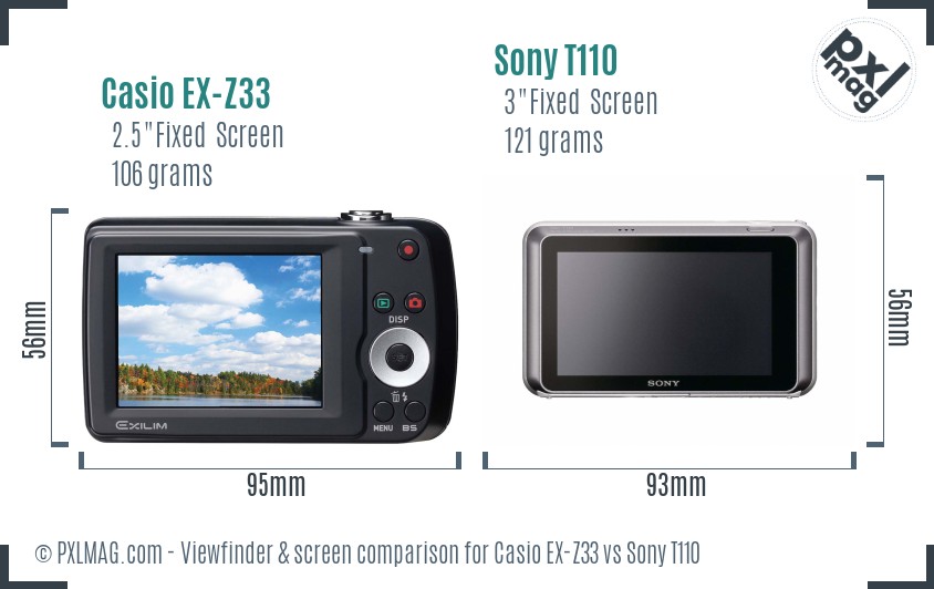 Casio EX-Z33 vs Sony T110 Screen and Viewfinder comparison