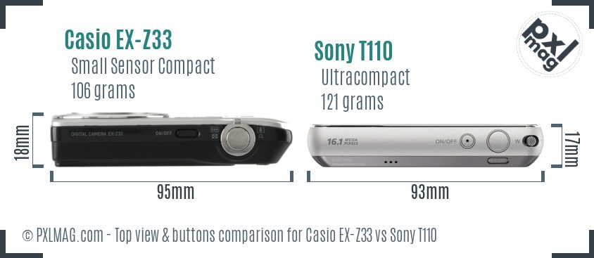 Casio EX-Z33 vs Sony T110 top view buttons comparison