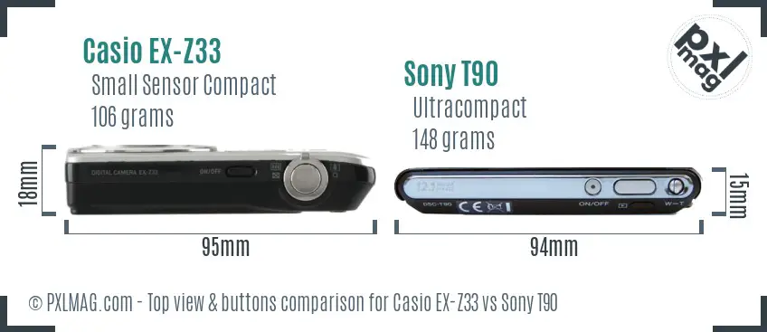 Casio EX-Z33 vs Sony T90 top view buttons comparison