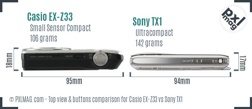 Casio EX-Z33 vs Sony TX1 top view buttons comparison