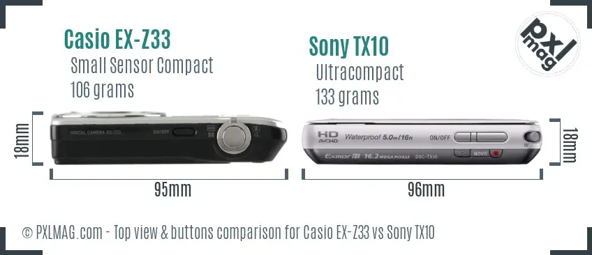 Casio EX-Z33 vs Sony TX10 top view buttons comparison