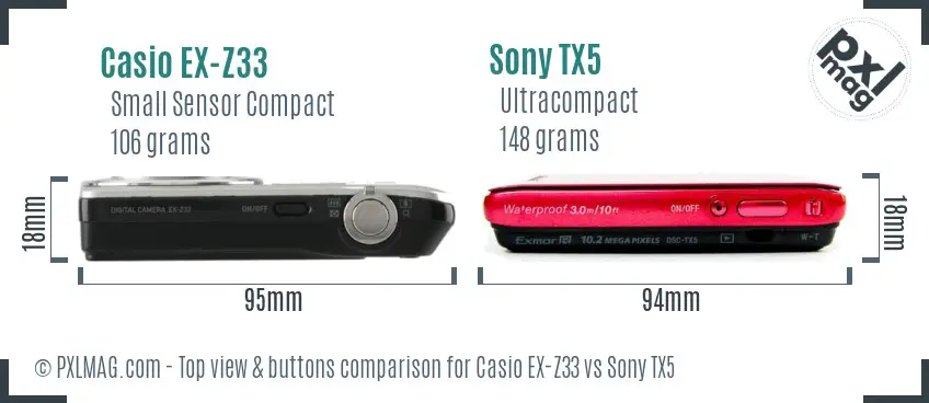 Casio EX-Z33 vs Sony TX5 top view buttons comparison