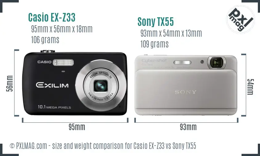 Casio EX-Z33 vs Sony TX55 size comparison