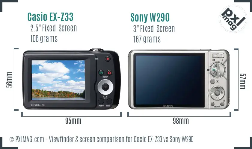 Casio EX-Z33 vs Sony W290 Screen and Viewfinder comparison