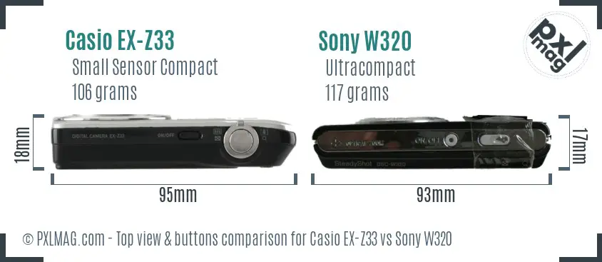 Casio EX-Z33 vs Sony W320 top view buttons comparison Casio EX-Z33 vs Sony W320 top view buttons comparison