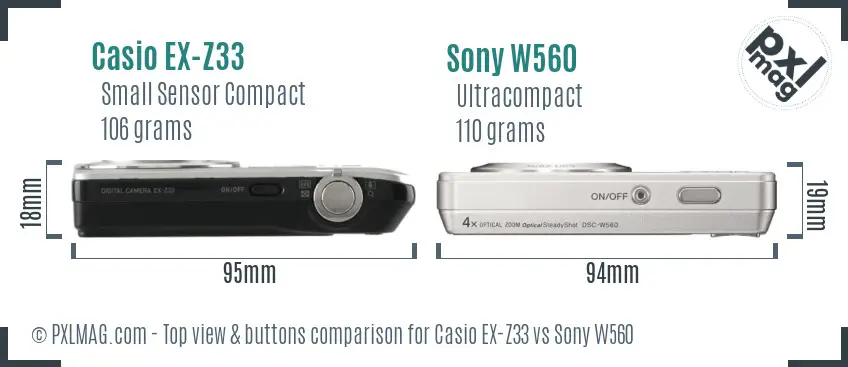 Casio EX-Z33 vs Sony W560 top view buttons comparison Casio EX-Z33 vs Sony W560 top view buttons comparison
