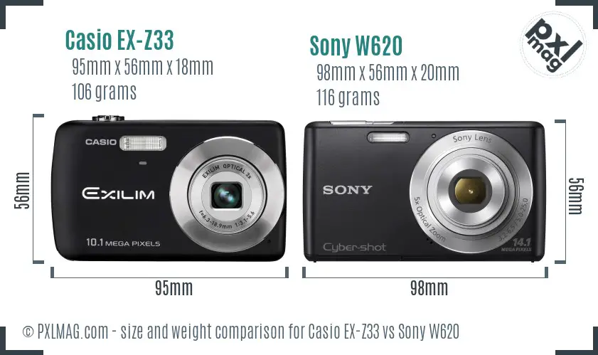 Casio EX-Z33 vs Sony W620 size comparison