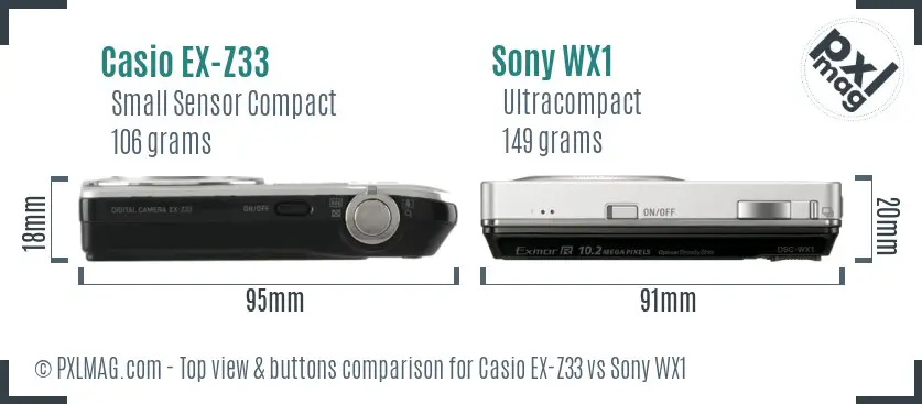 Casio EX-Z33 vs Sony WX1 top view buttons comparison Casio EX-Z33 vs Sony WX1 top view buttons comparison