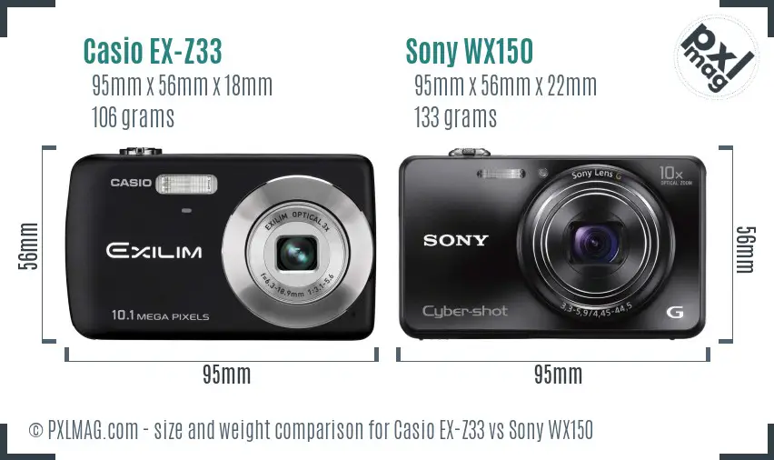Casio EX-Z33 vs Sony WX150 size comparison