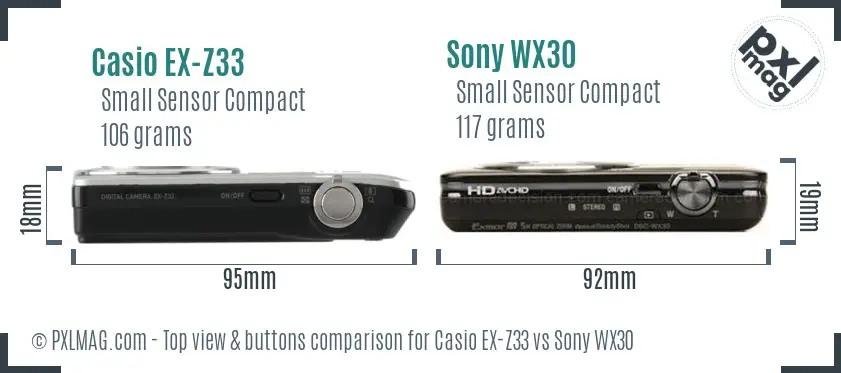 Casio EX-Z33 vs Sony WX30 top view buttons comparison