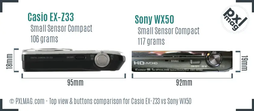 Casio EX-Z33 vs Sony WX50 top view buttons comparison Casio EX-Z33 vs Sony WX50 top view buttons comparison
