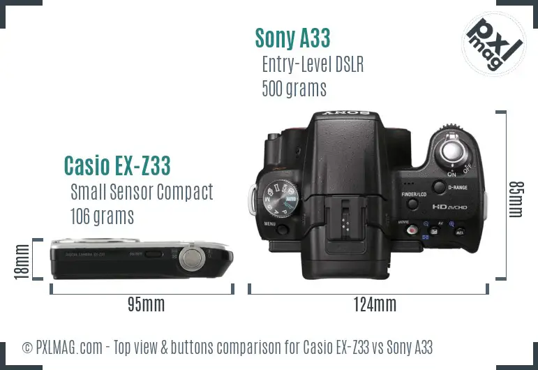 Casio EX-Z33 vs Sony A33 top view buttons comparison Casio EX-Z33 vs Sony A33 top view buttons comparison