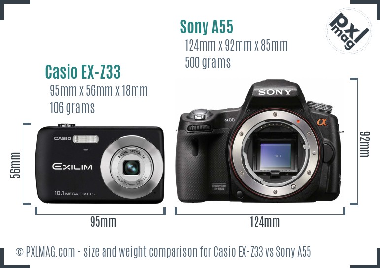 Casio EX-Z33 vs Sony A55 size comparison
