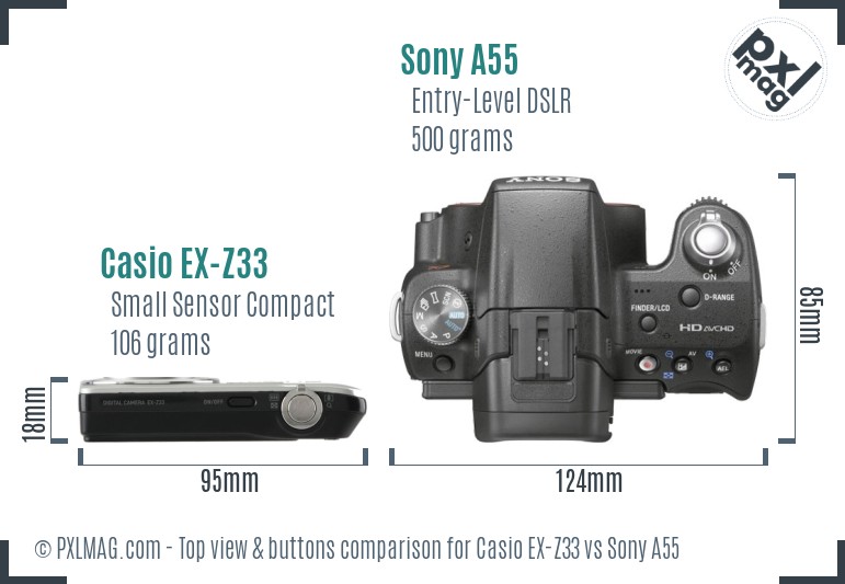 Casio EX-Z33 vs Sony A55 top view buttons comparison