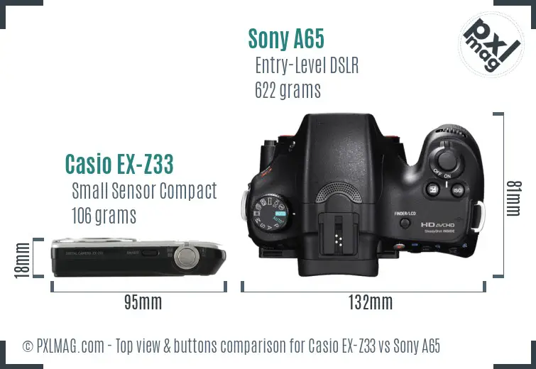 Casio EX-Z33 vs Sony A65 top view buttons comparison