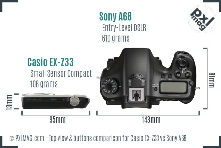 Casio EX-Z33 vs Sony A68 top view buttons comparison