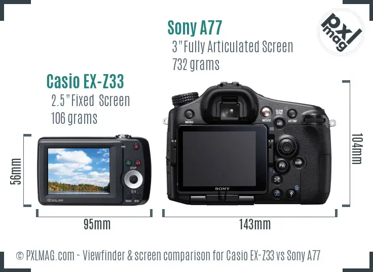Casio EX-Z33 vs Sony A77 Screen and Viewfinder comparison Casio EX-Z33 vs Sony A77 Screen and Viewfinder comparison