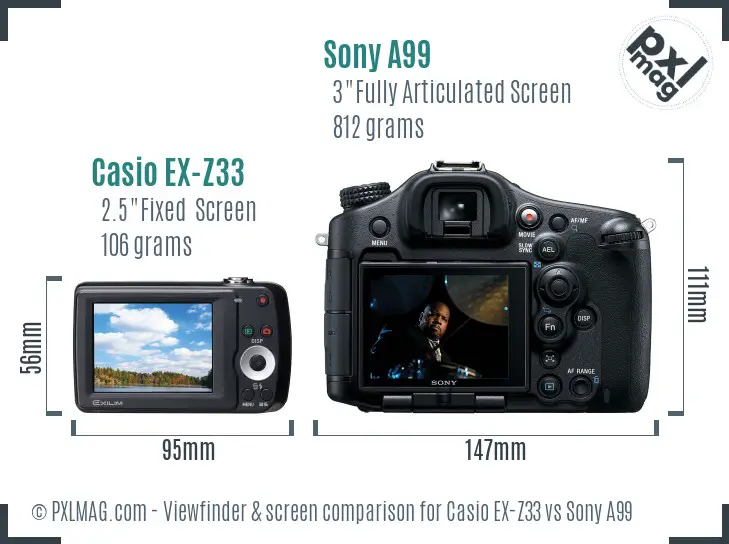 Casio EX-Z33 vs Sony A99 Screen and Viewfinder comparison