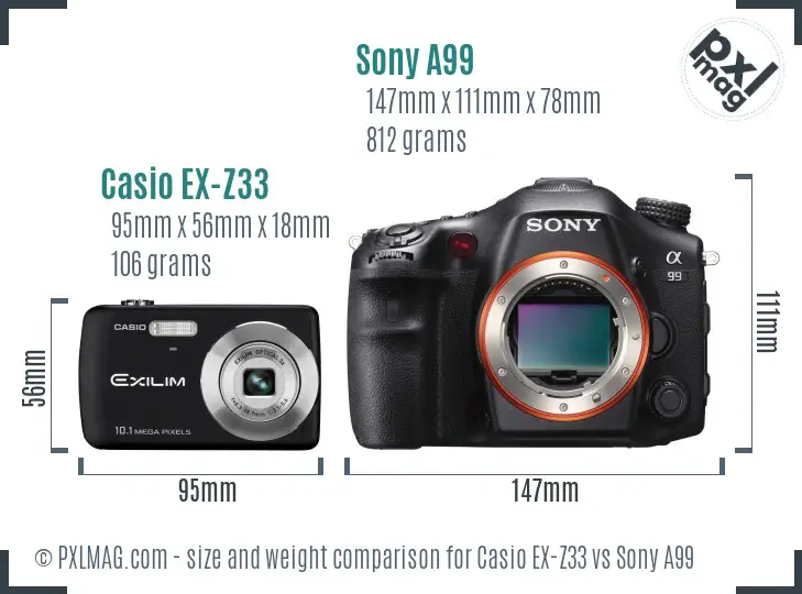 Casio EX-Z33 vs Sony A99 size comparison