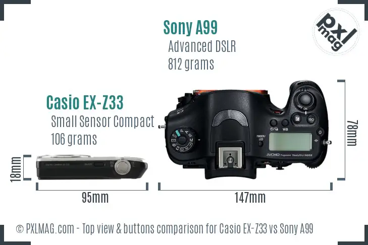 Casio EX-Z33 vs Sony A99 top view buttons comparison