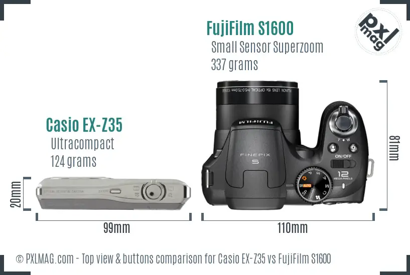 Casio EX-Z35 vs FujiFilm S1600 top view buttons comparison Casio EX-Z35 vs FujiFilm S1600 top view buttons comparison