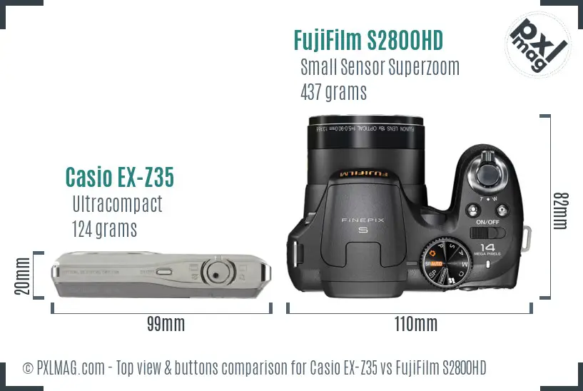 Casio EX-Z35 vs FujiFilm S2800HD top view buttons comparison Casio EX-Z35 vs FujiFilm S2800HD top view buttons comparison