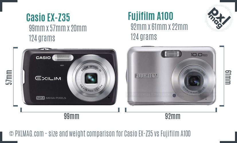 Casio EX-Z35 vs Fujifilm A100 size comparison