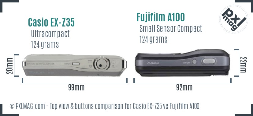 Casio EX-Z35 vs Fujifilm A100 top view buttons comparison