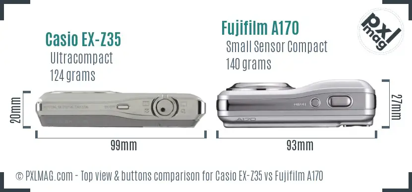 Casio EX-Z35 vs Fujifilm A170 top view buttons comparison Casio EX-Z35 vs Fujifilm A170 top view buttons comparison