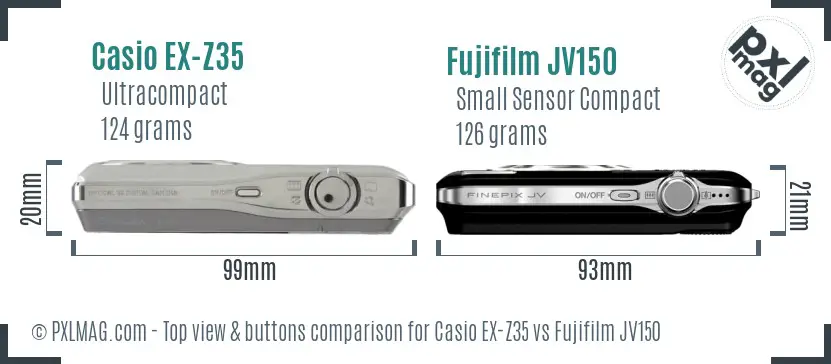 Casio EX-Z35 vs Fujifilm JV150 top view buttons comparison Casio EX-Z35 vs Fujifilm JV150 top view buttons comparison