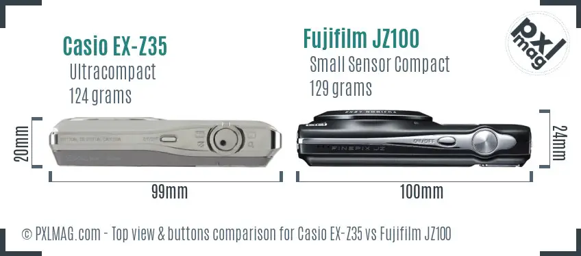 Casio EX-Z35 vs Fujifilm JZ100 top view buttons comparison Casio EX-Z35 vs Fujifilm JZ100 top view buttons comparison