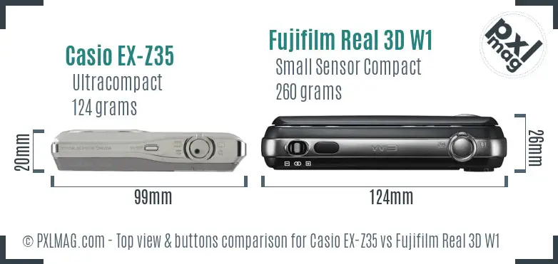 Casio EX-Z35 vs Fujifilm Real 3D W1 top view buttons comparison Casio EX-Z35 vs Fujifilm Real 3D W1 top view buttons comparison