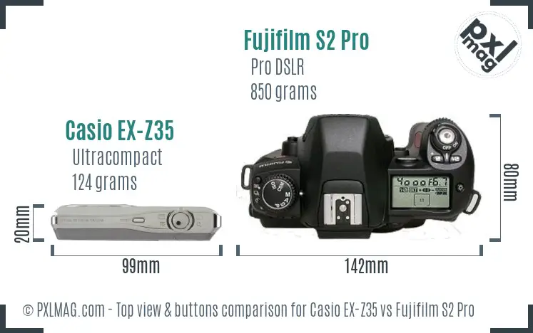 Casio EX-Z35 vs Fujifilm S2 Pro top view buttons comparison