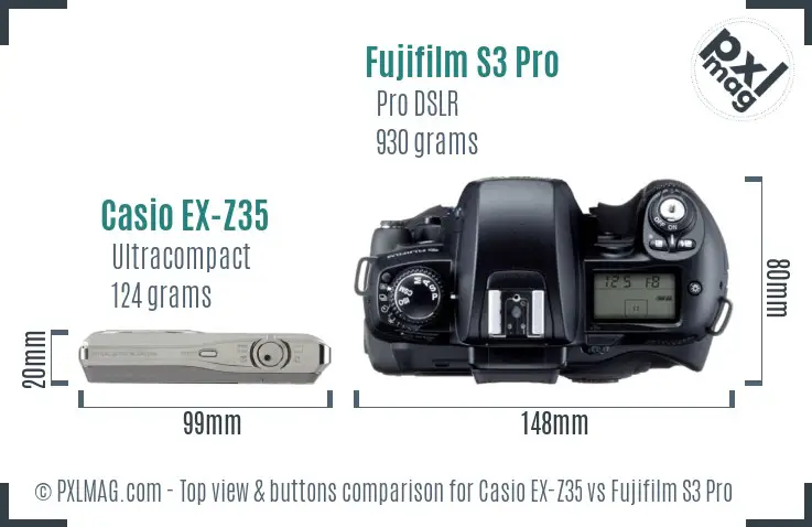 Casio EX-Z35 vs Fujifilm S3 Pro top view buttons comparison Casio EX-Z35 vs Fujifilm S3 Pro top view buttons comparison