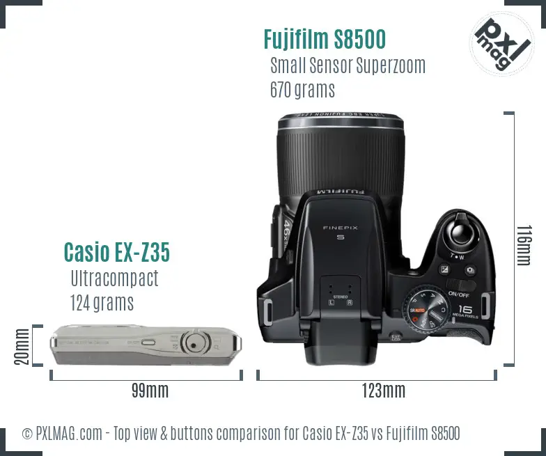 Casio EX-Z35 vs Fujifilm S8500 top view buttons comparison Casio EX-Z35 vs Fujifilm S8500 top view buttons comparison