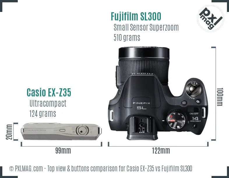 Casio EX-Z35 vs Fujifilm SL300 top view buttons comparison Casio EX-Z35 vs Fujifilm SL300 top view buttons comparison