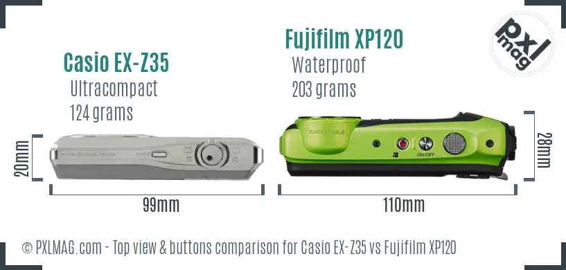 Casio EX-Z35 vs Fujifilm XP120 top view buttons comparison
