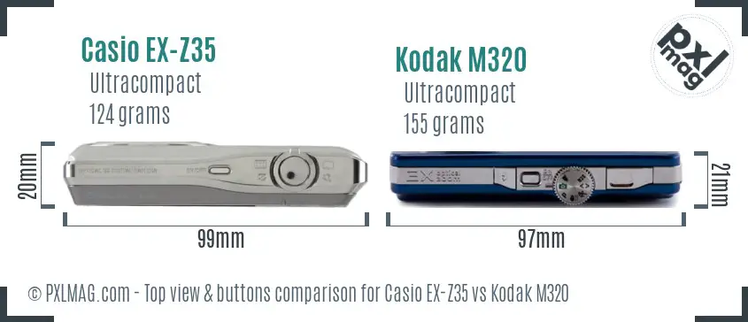 Casio EX-Z35 vs Kodak M320 top view buttons comparison