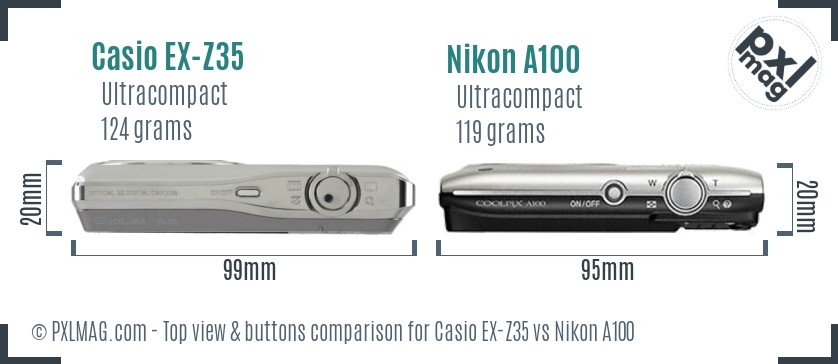 Casio EX-Z35 vs Nikon A100 top view buttons comparison