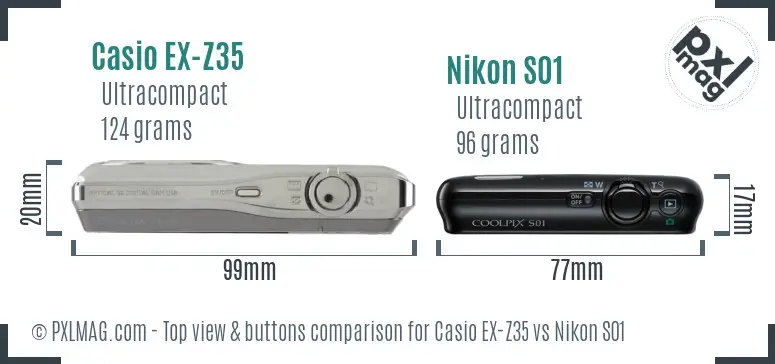 Casio EX-Z35 vs Nikon S01 top view buttons comparison